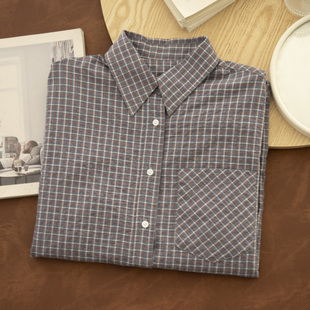 衬衣潮薄外套 女宽松长袖 时染 秋原创设计复古文艺清新棉格子衬衫