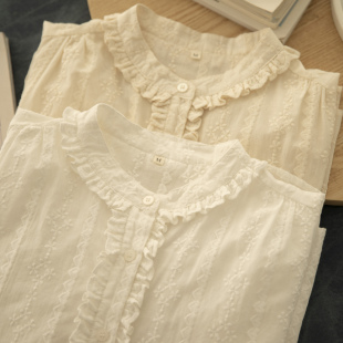 复古通勤甜美淑女木耳边重工刺绣纯棉女打底衬衫 法式 韩版 晚茶