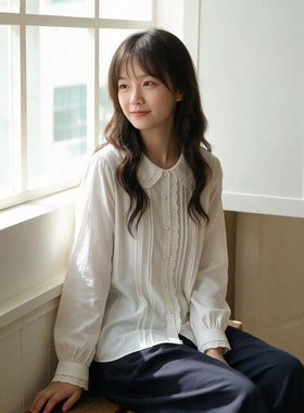 蕾丝花边领百搭长袖纯色衬衫女