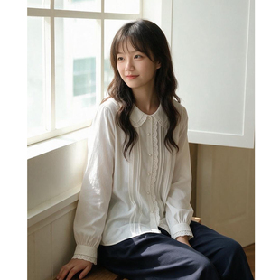半糖松饼 春法式复古韩版甜美蕾丝花边领百搭长袖纯色内搭衬衫女