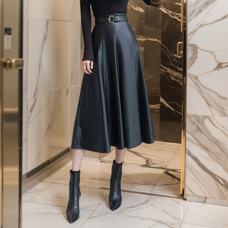 加绒保暖半身裙黑色pu皮裙秋冬裙中长款a字裙高腰显瘦大摆裙伞裙