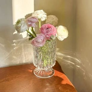 玻璃高脚花瓶摆件客厅水养干花插花北欧风复古轻奢透明水培花瓶