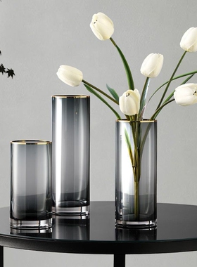 现代简约描金灰色直筒玻璃花瓶客厅插花软装饰品摆件透明水培花器