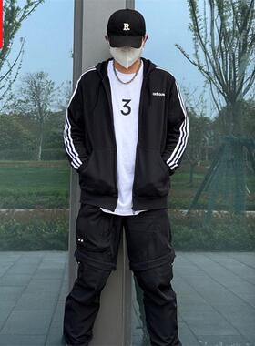 ADIDAS阿迪达斯男春秋抓绒经典百搭三条纹连帽休闲运动外套DQ3101