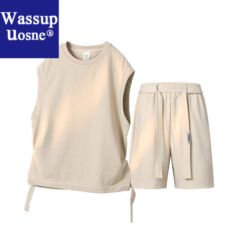 Wassup Uosne宝宝冰丝套装情侣宝宝夏装宽松无袖背心上衣长裤两男