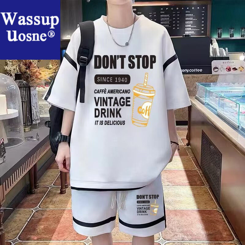 Wassup Uosne短袖t恤男夏季套装盐系男友风半袖衣服潮流宽松圆领