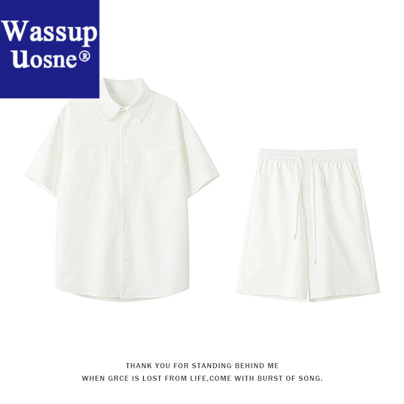 Wassup Uosne新款2026短袖套装男百搭男士白色休闲夏季简约宽松纯