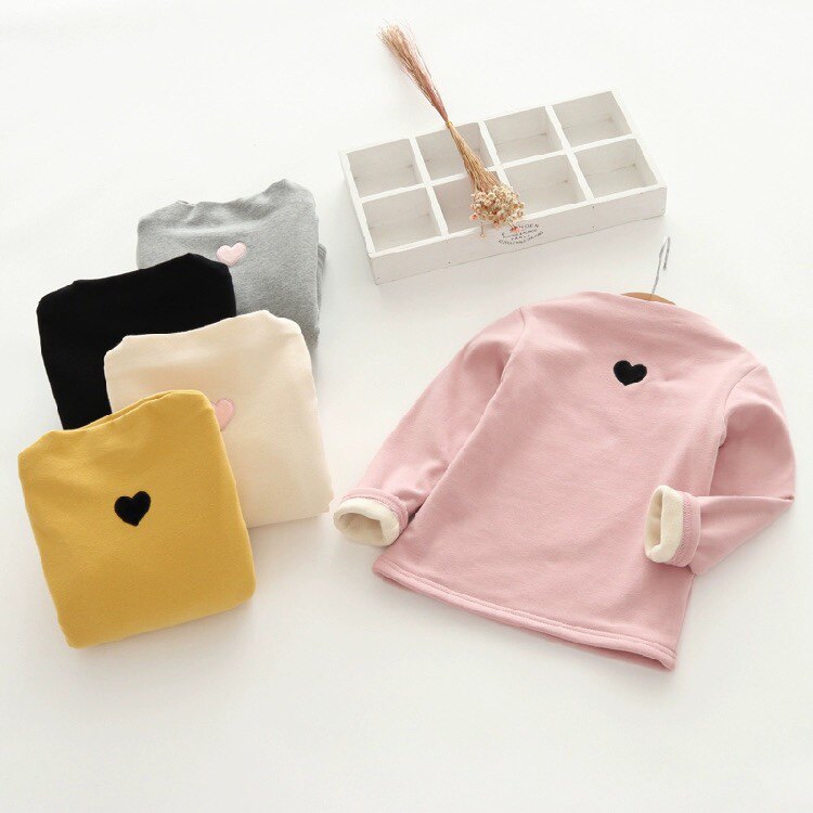 女宝宝半高领打底衫冬季加绒加厚纯棉保暖上衣小童爱心刺绣打底衫