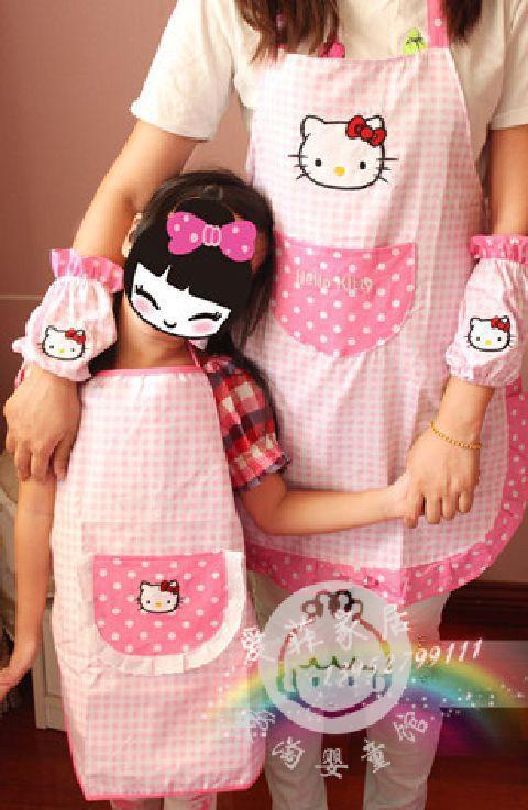 韩版全棉可爱家居KT防水围裙卡通亲子围裙袖套手工画画防污衣