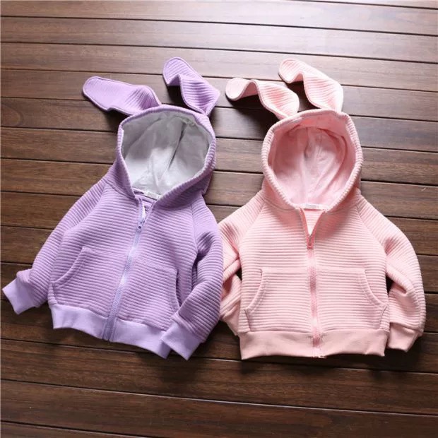 春秋韩版卡通可爱兔耳朵粉色系双层棉卫衣拉链外套夹克衫断码清仓