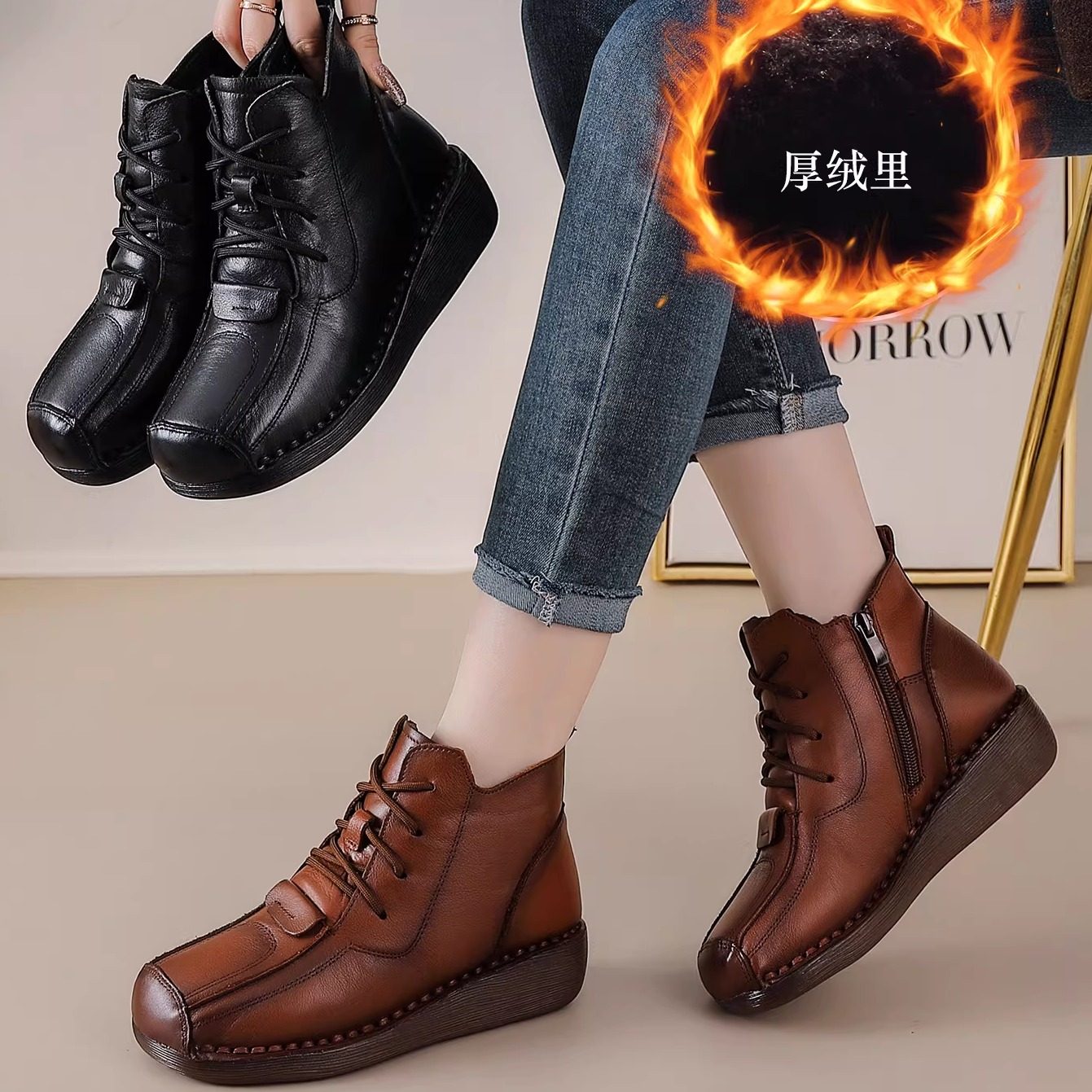 中老年头层牛皮坡跟防滑牛筋软底真皮妈妈棉鞋女冬季加绒保暖短靴,女鞋,棉鞋,淘宝优惠券,粉丝福利购,淘宝优惠卷