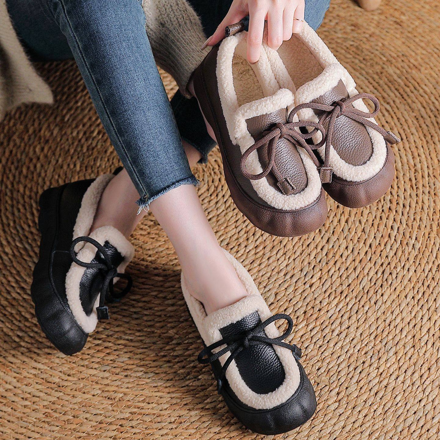 真牛皮英伦厚底乐福鞋女加绒冬款毛毛鞋外穿保暖防滑妈妈鞋小皮鞋