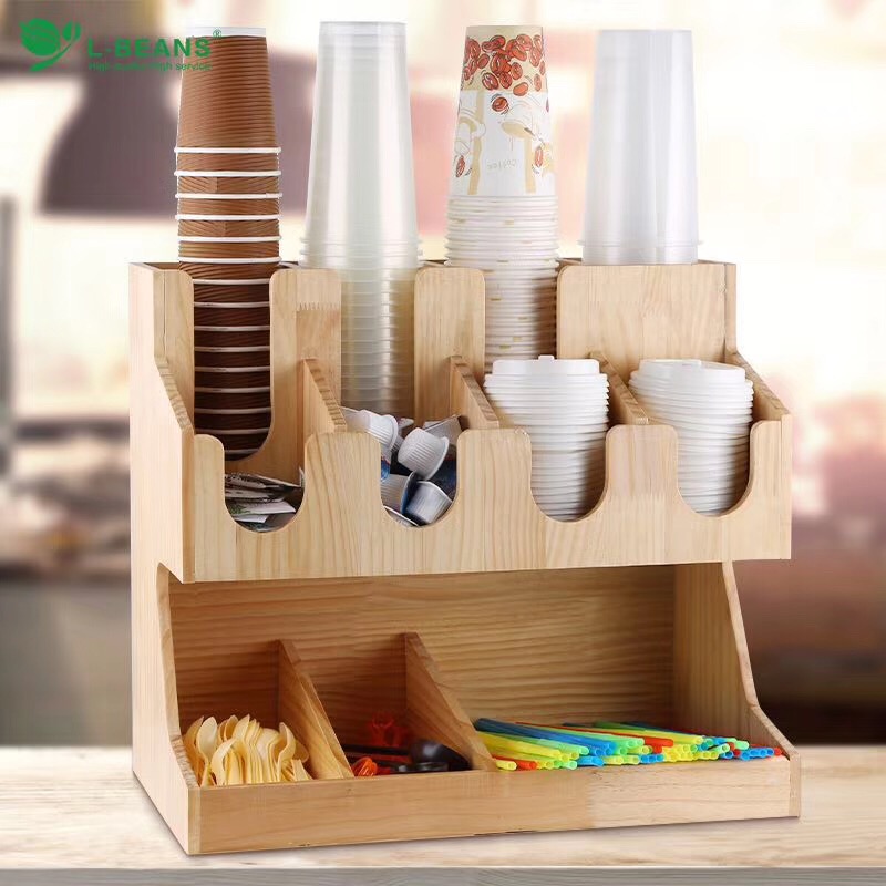木质纸杯盖纸巾摆放架奶球糖包刀叉吸管竹筷勺子收纳架收纳盒