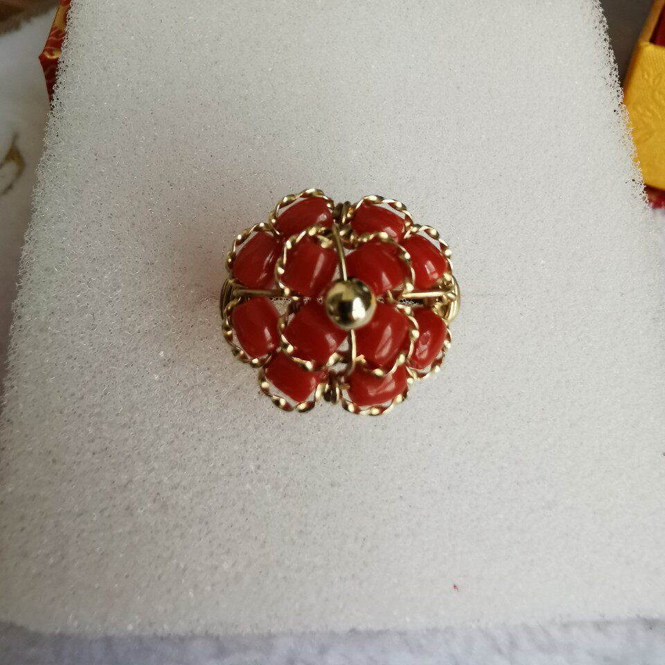 菲律宾k金红色桶珠女士花型戒指菲K金百搭款手链可定制调节