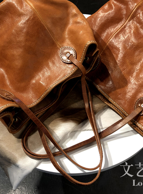 文艺腔！！厚植鞣牛皮单肩包女复古真皮女包大包手提包女士托特包