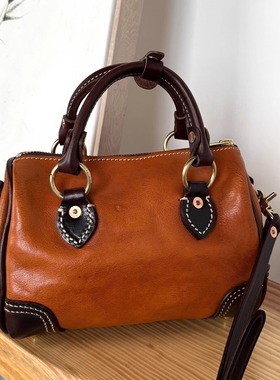 知性～手工牛皮波士顿包厚植鞣手提枕头包复古单肩斜挎包真皮女包