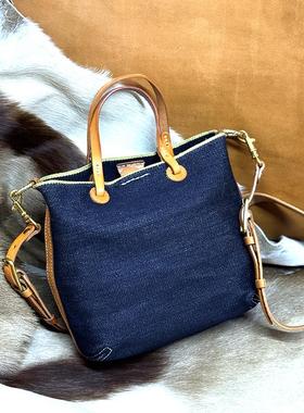 新款赤耳牛仔布拼植鞣牛皮托特包手提斜挎女包通勤包真皮小包女