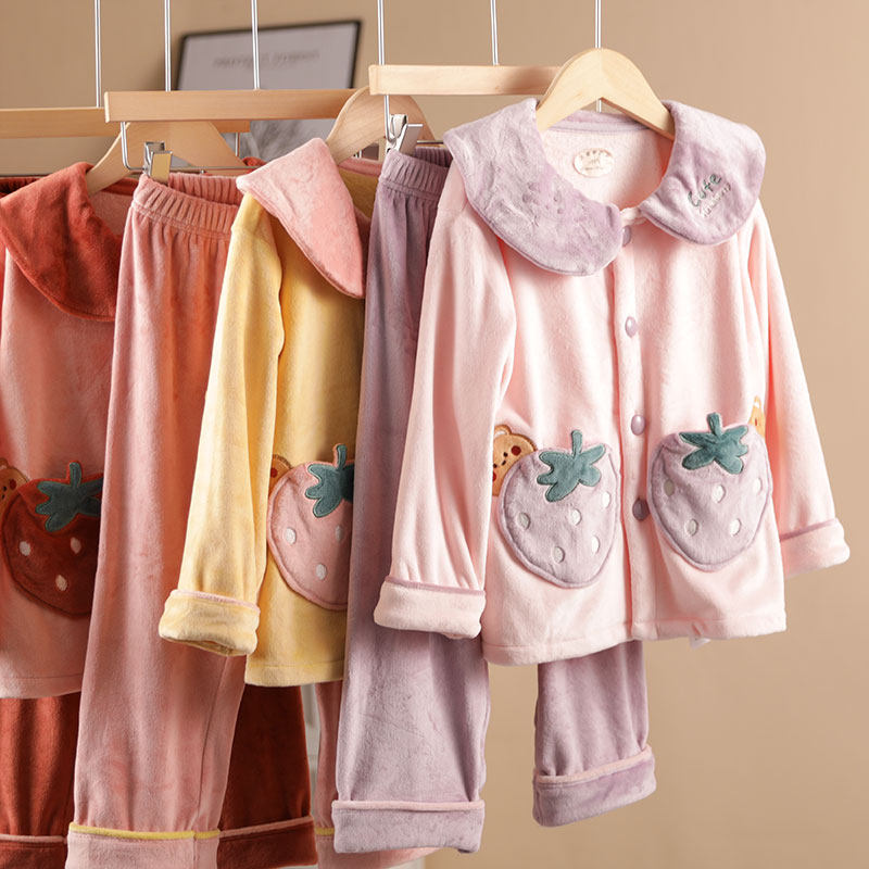 苞米布衣儿童睡衣睡裤套装女童海岛绒秋冬季加厚款中大童家居服