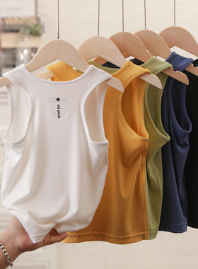 mipink果果螺纹莫代尔无痕儿童工字背心白色中大童男童女童吊带