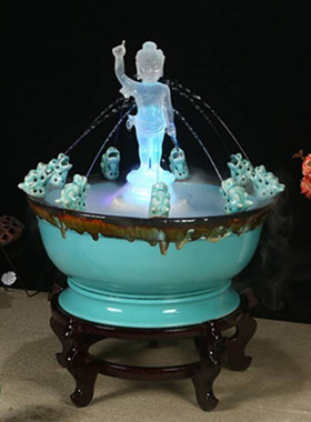 高档九龙浴佛创意喷泉陶瓷寺庙