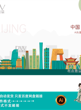 北京城市印象地标建筑天际线手绘线稿剪影插画设计素材AI矢量模版