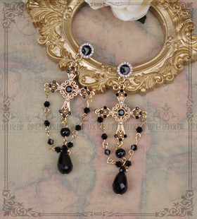 原创！*黑色与金色的夜曲*十字架耳钉/耳夹-Gothic Lolita配饰