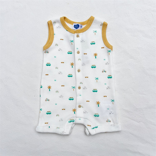 3-9M法单mo新生婴儿无袖平角爬外贸男女宝宝INS有机棉华夫格短爬