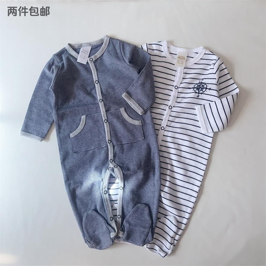 3-12M/外贸婴儿条纹长袖包脚连体衣原单男女宝宝海军风全棉长爬服