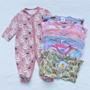 澳洲新生婴儿满月百日薄包脚长爬男女宝宝INS可爱连体衣 92码