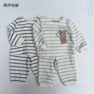 1-18M/法国boutchou婴儿春秋针织毛圈套装背开T恤上衣裤子两件套