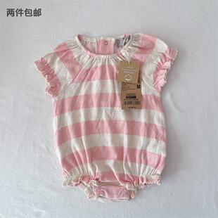 3-18M/法boutchou婴儿镂空有机棉短袖哈衣女宝宝满月百日公主短爬