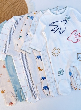 3-24M/法单bout新生婴儿春秋包脚长爬男女宝宝满月百日背开连体衣