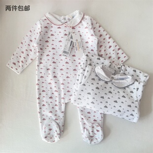 法单boutchou新生儿婴儿天鹅绒背开连体衣男女宝宝翻领包脚长爬服