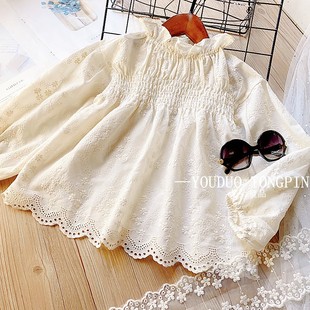 洋气女童木耳边蕾丝衬衫儿童韩版立领长袖纯棉衬衣打底衫2025春季