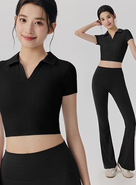 定制polo领瑜伽服短袖女含胸垫修健身t恤运动上球衣印字LOGO图