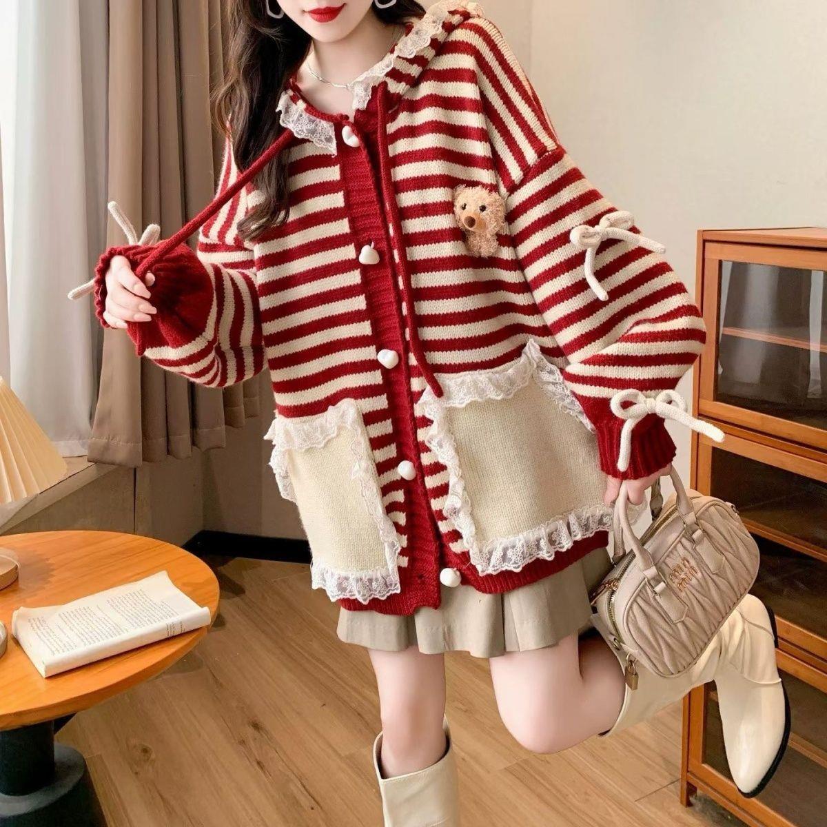 大码胖mm慵懒风连帽条纹可爱毛衣开衫女秋冬新款宽松减龄针织外套