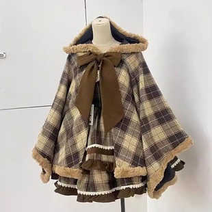 原创设计蝴蝶结格纹斗篷外套lolita秋冬新款 甜美洛丽塔吊带连衣裙