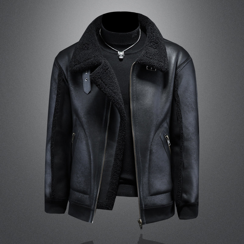 2025秋冬新款男士皮毛一体外套时尚麂皮绒保暖加厚机车服外贸冬装