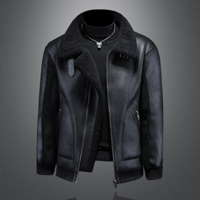 2025秋冬新款男士皮毛一体外套时尚麂皮绒保暖加厚机车服外贸冬装