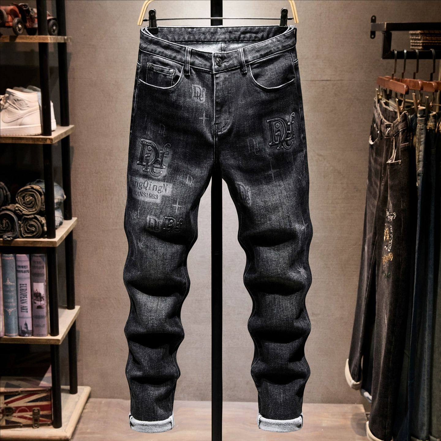 香港高端欧货牛仔裤男潮牌冬季抓绒加厚弹力修身小脚时尚长裤提花,男装,牛仔裤,淘宝优惠券,粉丝福利购,淘宝优惠卷