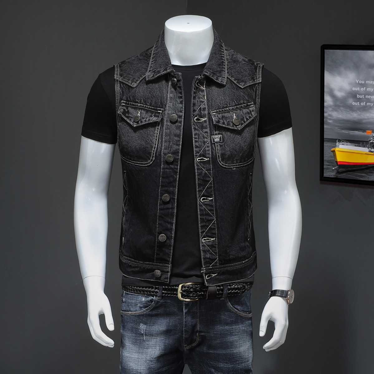 春季欧洲站机车牛仔马甲修身