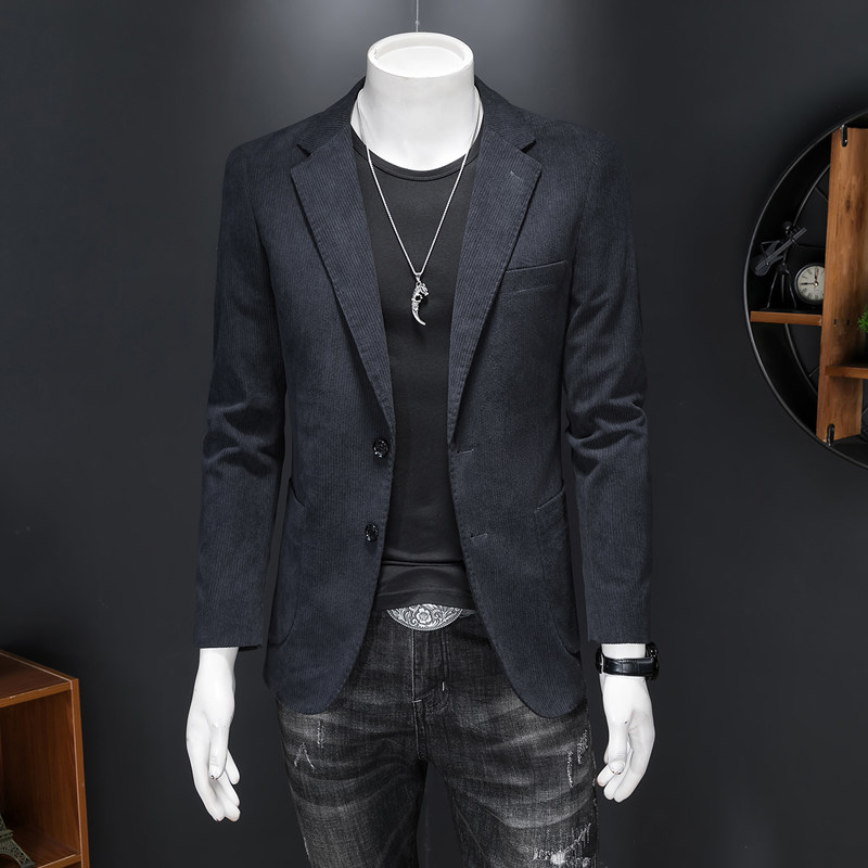 后双开灯芯绒男士修身西服韩版帅气外套纯色潮流西装扣子两粒扣秋