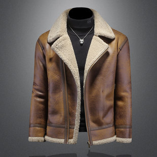 美式复古皮毛一体男装冬季加绒加厚翻领麂皮绒皮衣外套潮流羊羔毛