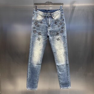 高端烫印牛仔裤男款修身小脚裤弹力潮流时尚复古蓝色休闲长裤加厚