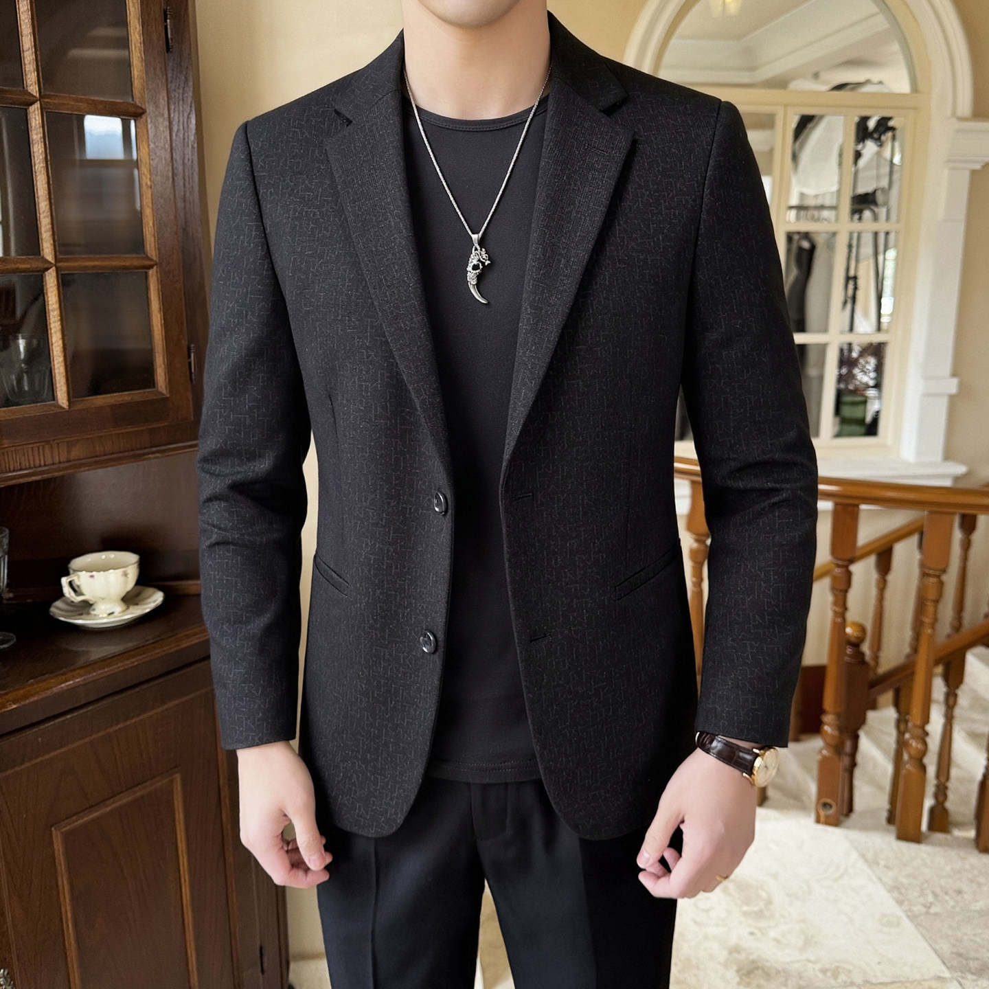 男士商务休闲西服修身单西外套黑色西装男装轻奢加厚时尚外套2026