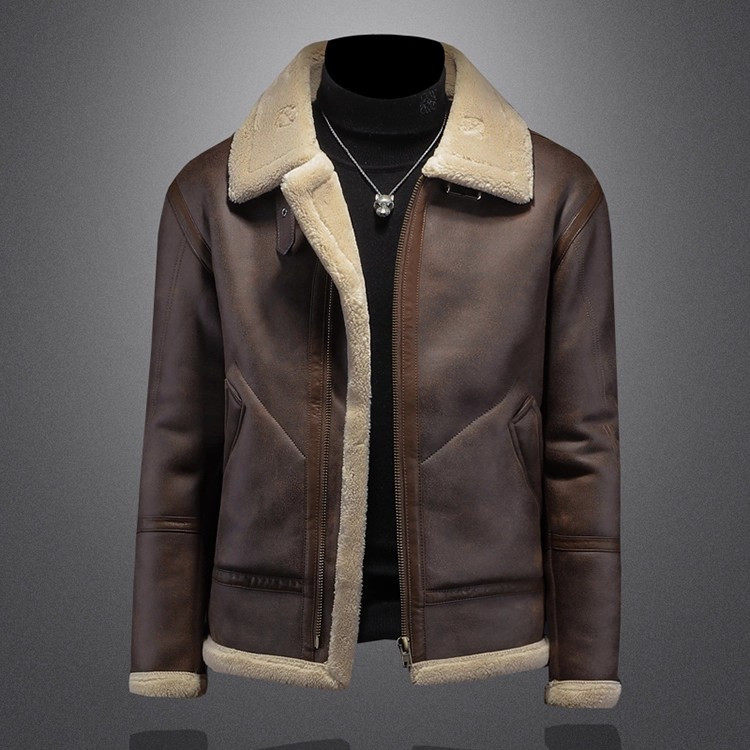 2025冬男士翻领皮毛一体夹克加绒加厚美式宽松外套冬季保暖麂皮绒