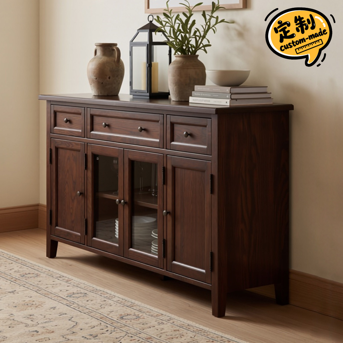 和年美家美式简约纯实木全屋可定制餐边柜客厅茶水柜餐厅靠墙酒柜