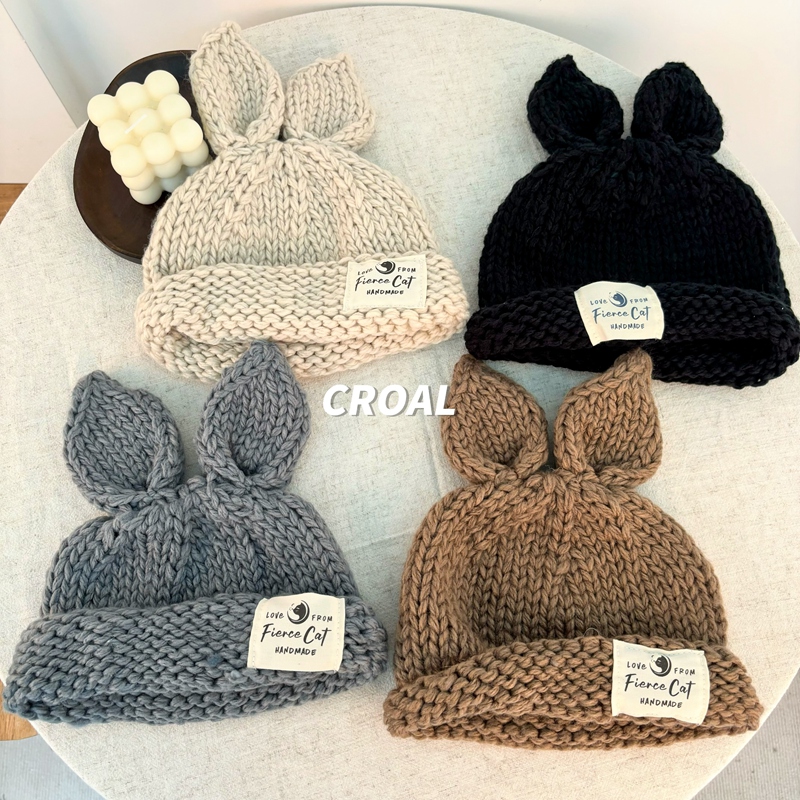 CROALins可爱兔子手工男女童针织帽子秋冬儿童毛线帽宝宝套头帽