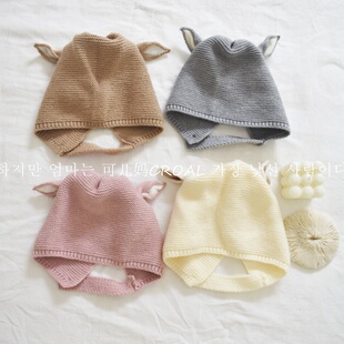 敲可爱的婴儿帽子秋冬保暖毛线帽超萌猪耳朵宝宝护耳帽儿童针织帽