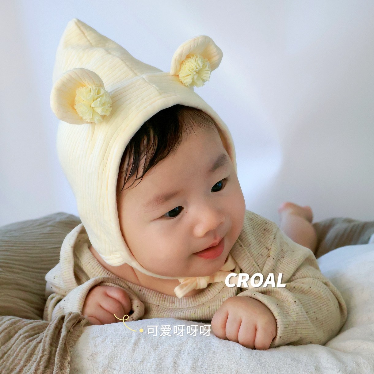 ins韩系奶油色系可爱熊耳朵婴儿护耳帽子婴童宝宝绑带套头帽胎帽